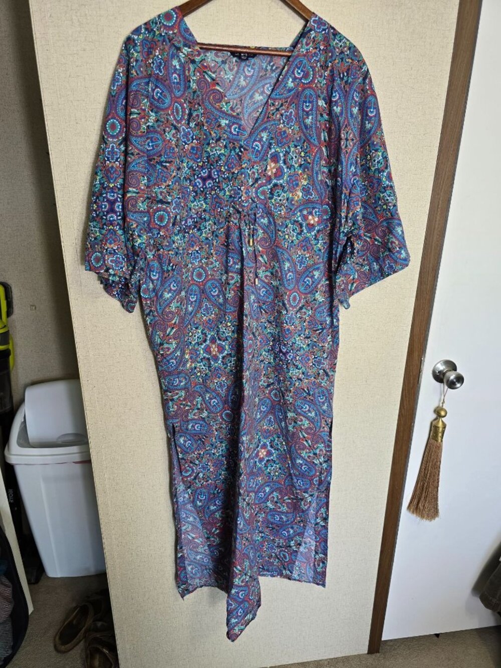 Lands End Paisley Print V-Neck 100% Cotton Maxi Dress Large 14-16 Blue & Red